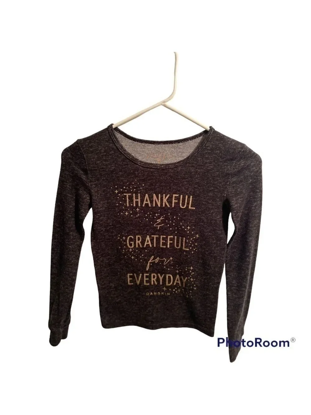 Danskin Girl’s Shirt, Size 8, Grey Charcoal Black “Thankful, Grateful, Everyday”
